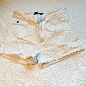white 🤍 distressed jean shorts 
KanCan Los Angeles